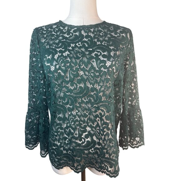 ZARA Small Forest Green Lace Bell Sleeve Blouse - Picture 8 of 13